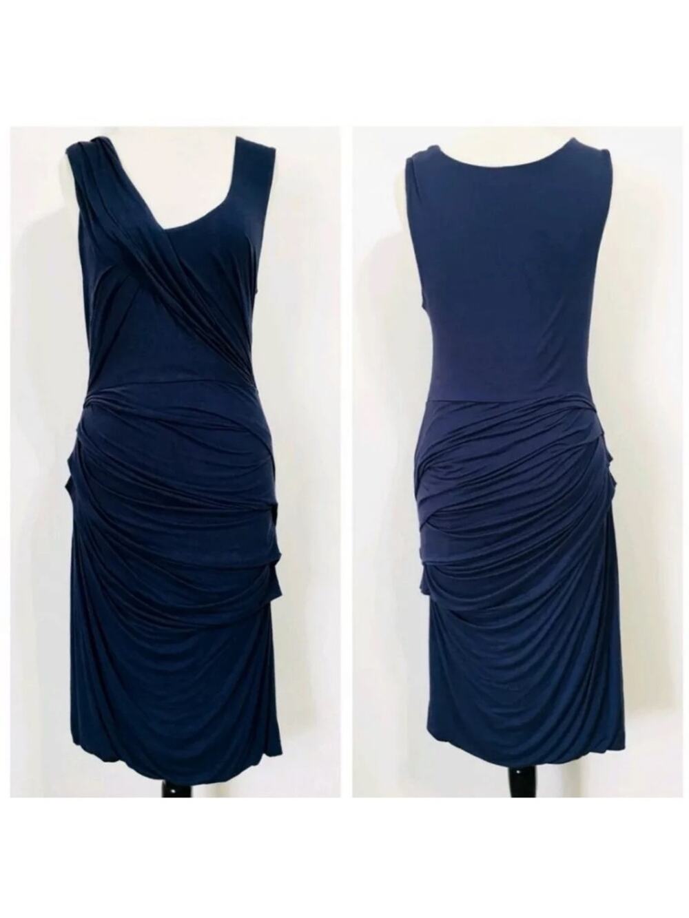 Anthropologie Deletta Draped Ruched Camber Sheath Navy Dress Jersey W-937 Sz M